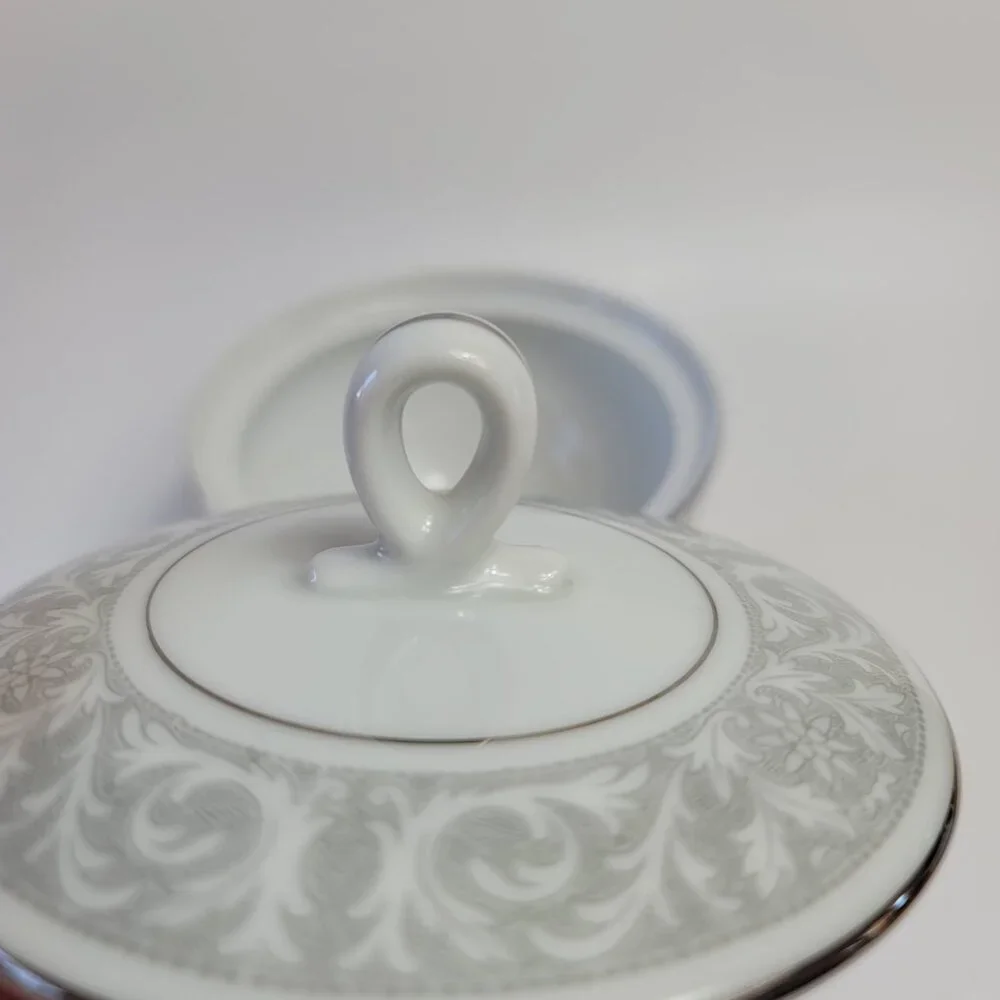 Imperial China Whitney Sugar Bowl & Lid White Gray Band Leaf Scrolls W. Dalton